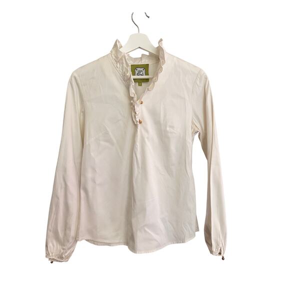 Elizabeth McKay Top Womens 2 Creamy White Ruffle Neck Toggle Button Classic - Picture 1 of 10